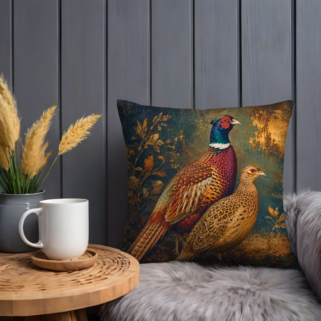 Pair of Pheasants Classic Portrait Pillow Cover | Wildlife Art | Rich Botanical Decor