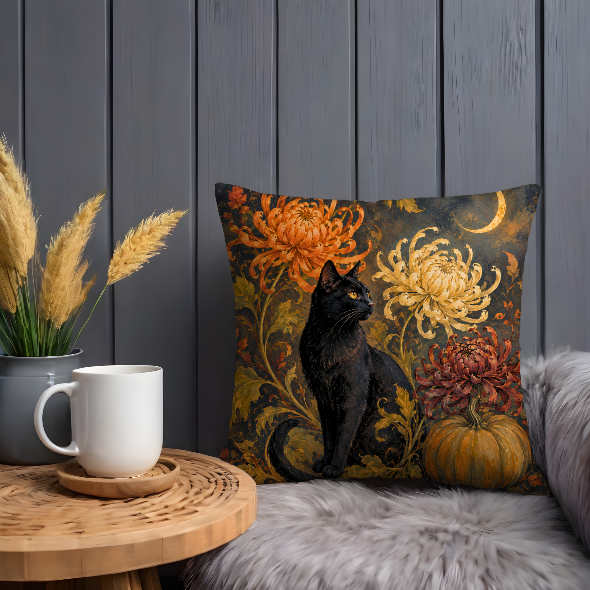 Black Cat Chrysanthemums Crescent Moon Pillow Cover | Gothic Autumn Art | Elegant Halloween Decor