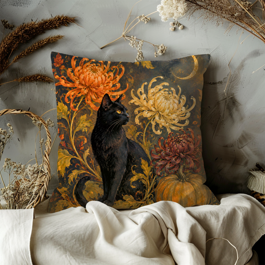Black Cat Chrysanthemums Crescent Moon Pillow Cover | Gothic Autumn Art | Elegant Halloween Decor
