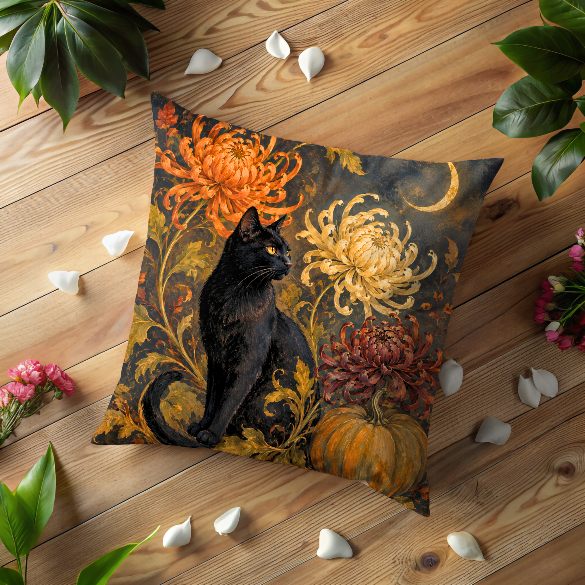 Black Cat Chrysanthemums Crescent Moon Pillow Cover | Gothic Autumn Art | Elegant Halloween Decor