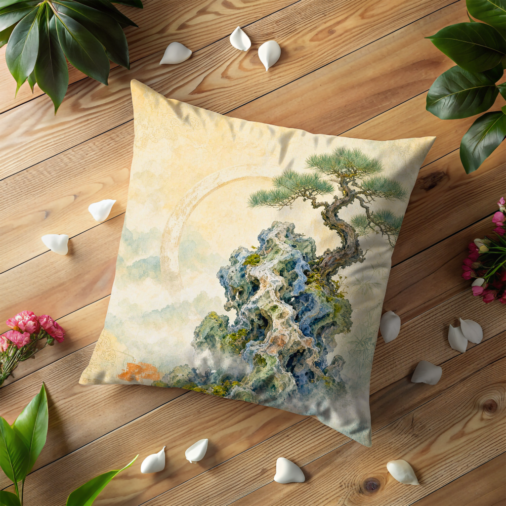 Pine Tree Rocky Cliff Mist Pillow Cover | Classic Chinese Art | Serene Landscape Decor