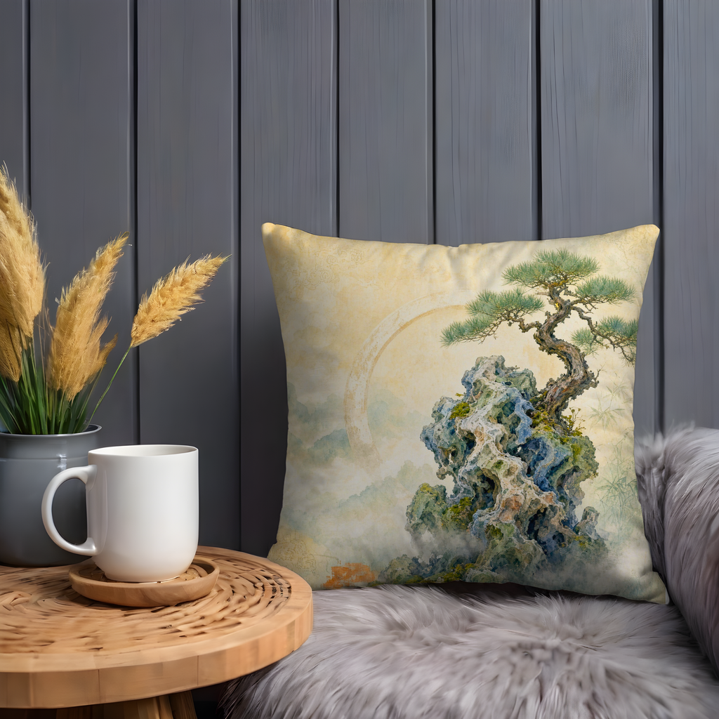 Pine Tree Rocky Cliff Mist Pillow Cover | Classic Chinese Art | Serene Landscape Decor