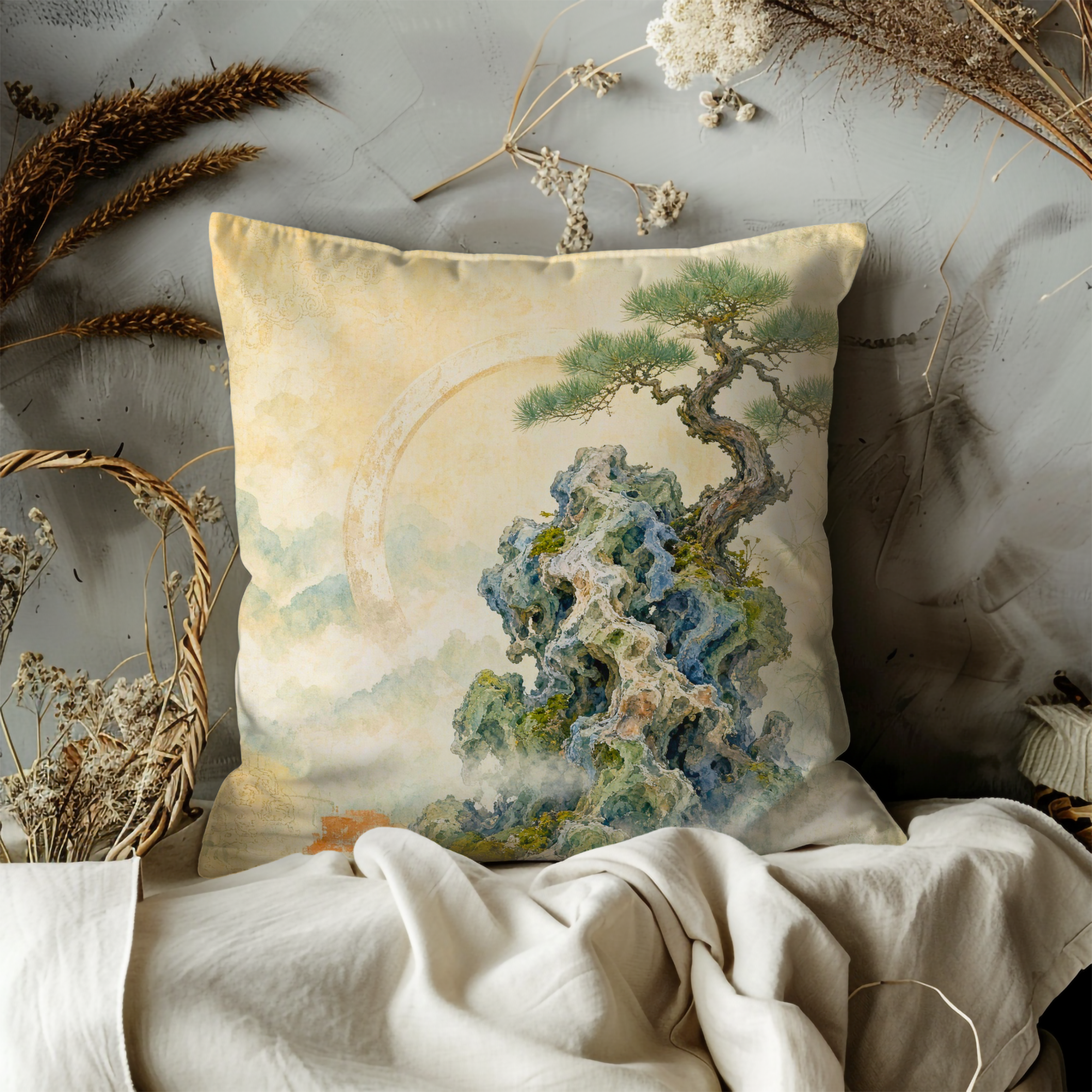 Pine Tree Rocky Cliff Mist Pillow Cover | Classic Chinese Art | Serene Landscape Decor