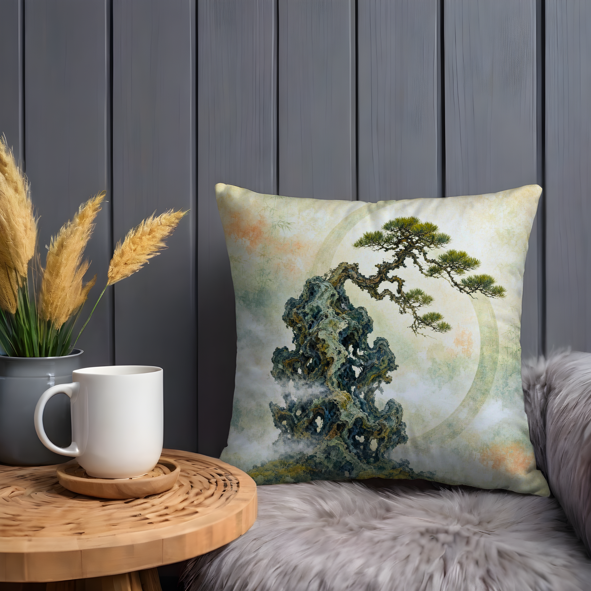 Twisted Pine Rocky Peak Mist Pillow Cover | Classic Chinese Art | Serene Landscape Decor