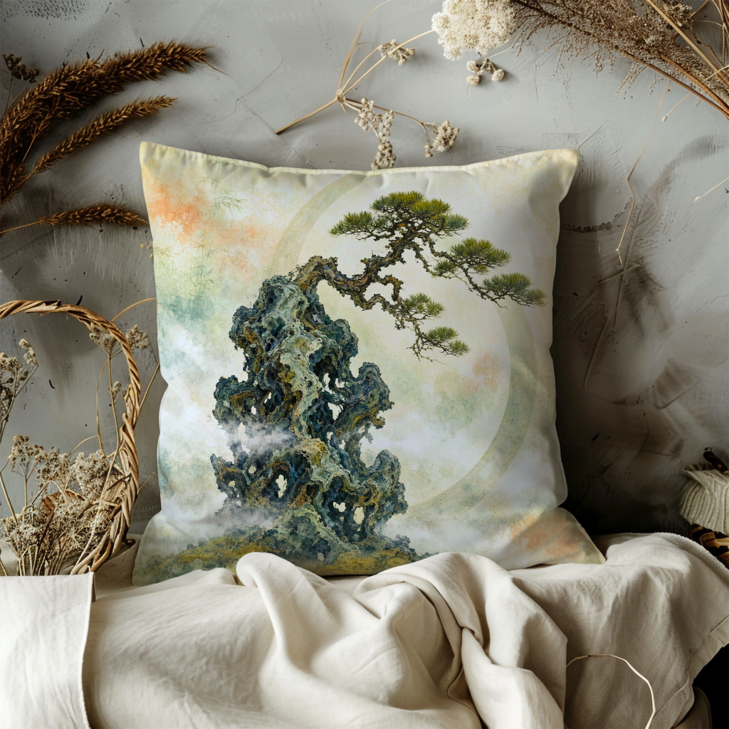 Twisted Pine Rocky Peak Mist Pillow Cover | Classic Chinese Art | Serene Landscape Decor