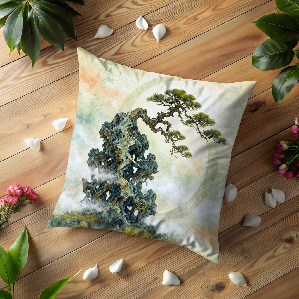 Twisted Pine Rocky Peak Mist Pillow Cover | Classic Chinese Art | Serene Landscape Decor