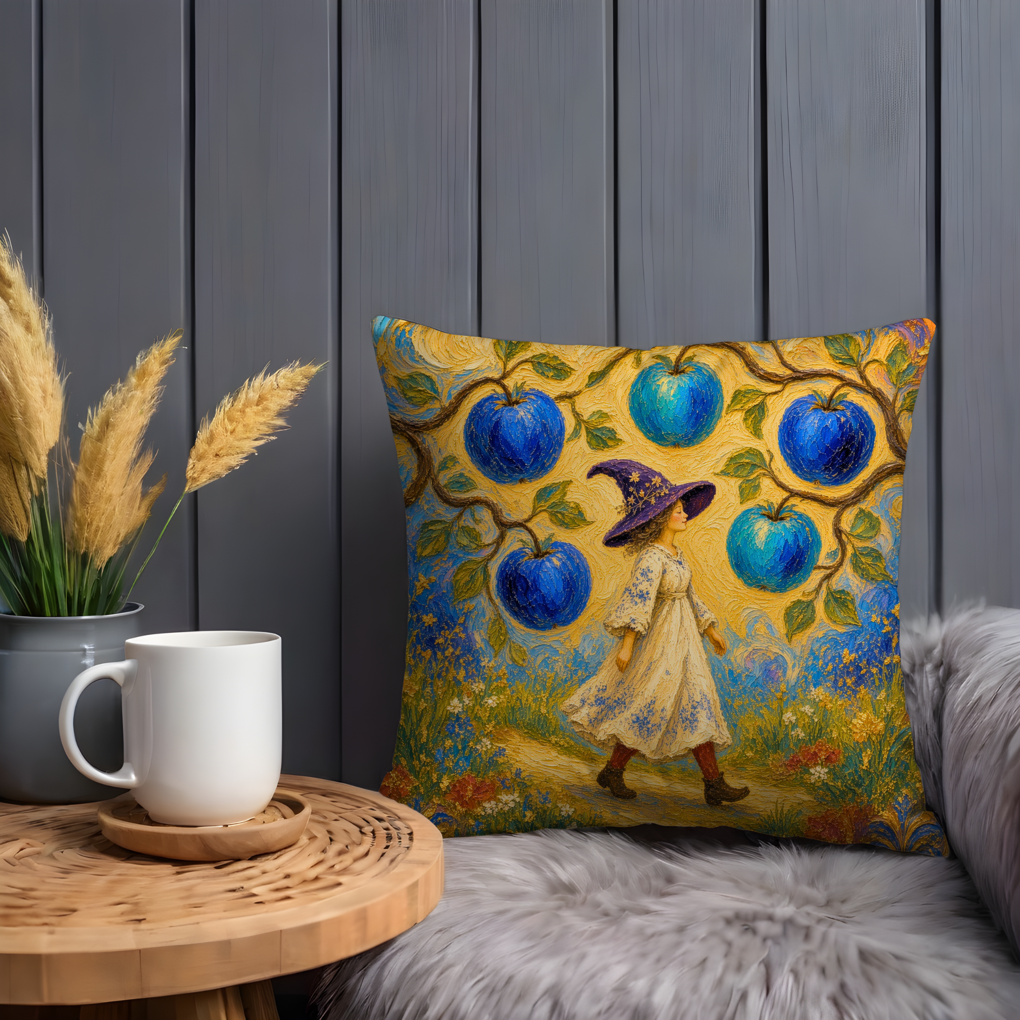 Blue Apple Witch Path Pillow Cover | Whimsical Fantasy Art | Soft Magical Garden Decor