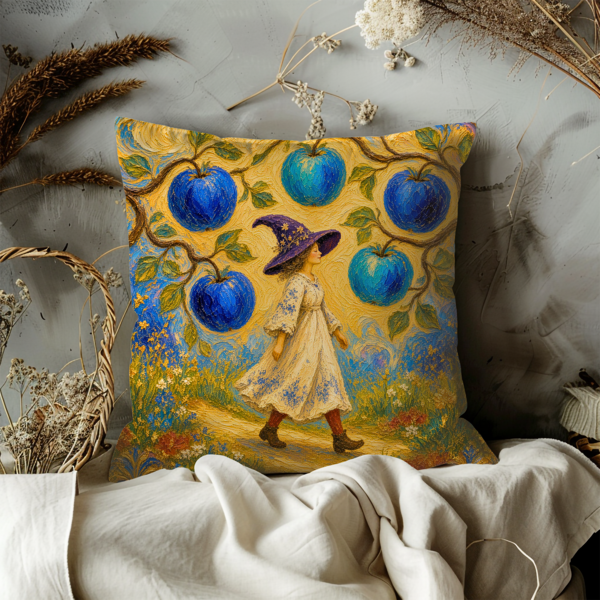 Blue Apple Witch Path Pillow Cover | Whimsical Fantasy Art | Soft Magical Garden Decor