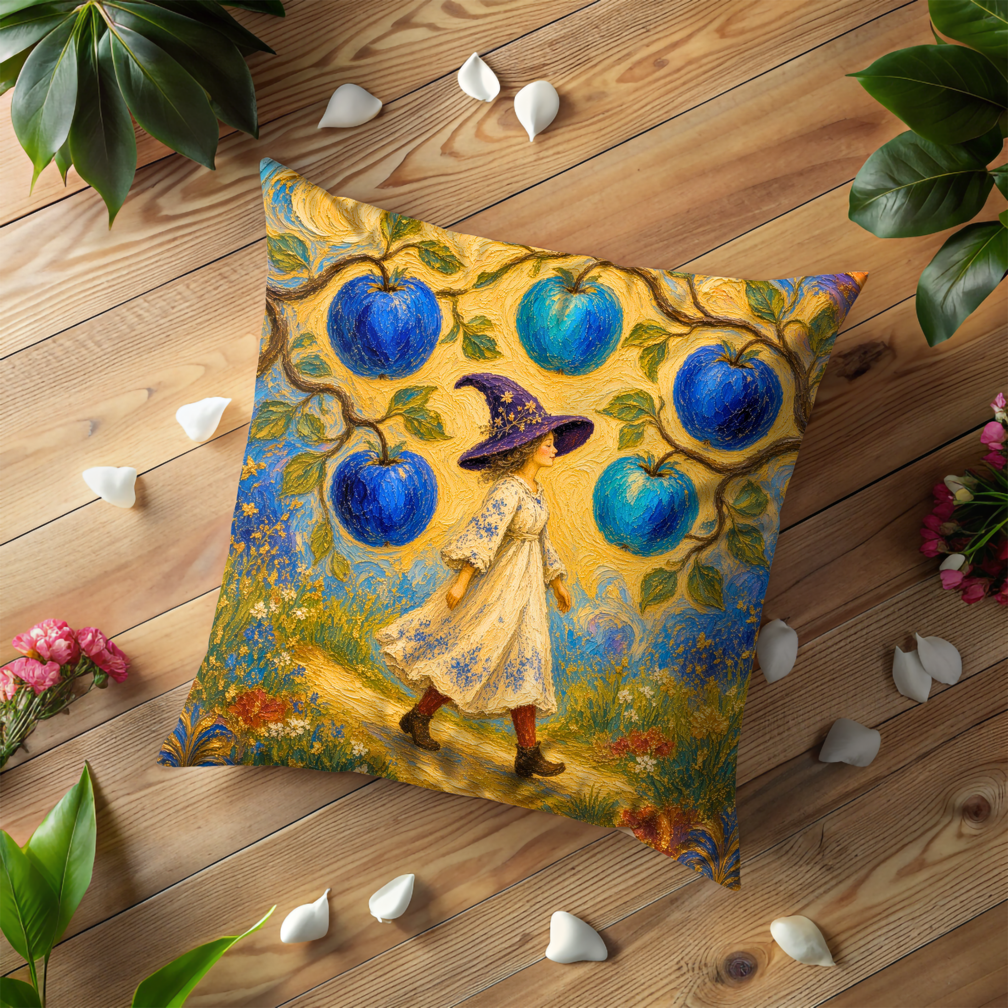 Blue Apple Witch Path Pillow Cover | Whimsical Fantasy Art | Soft Magical Garden Decor