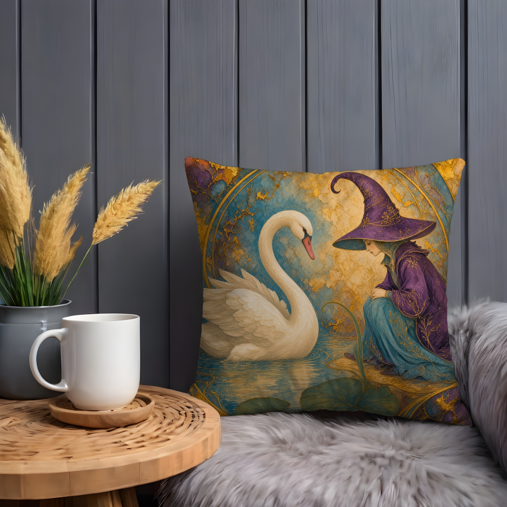 White Swan and Witch Purple Hat Pillow Cover | Mystical Fantasy Art | Elegant Water Scene Decor