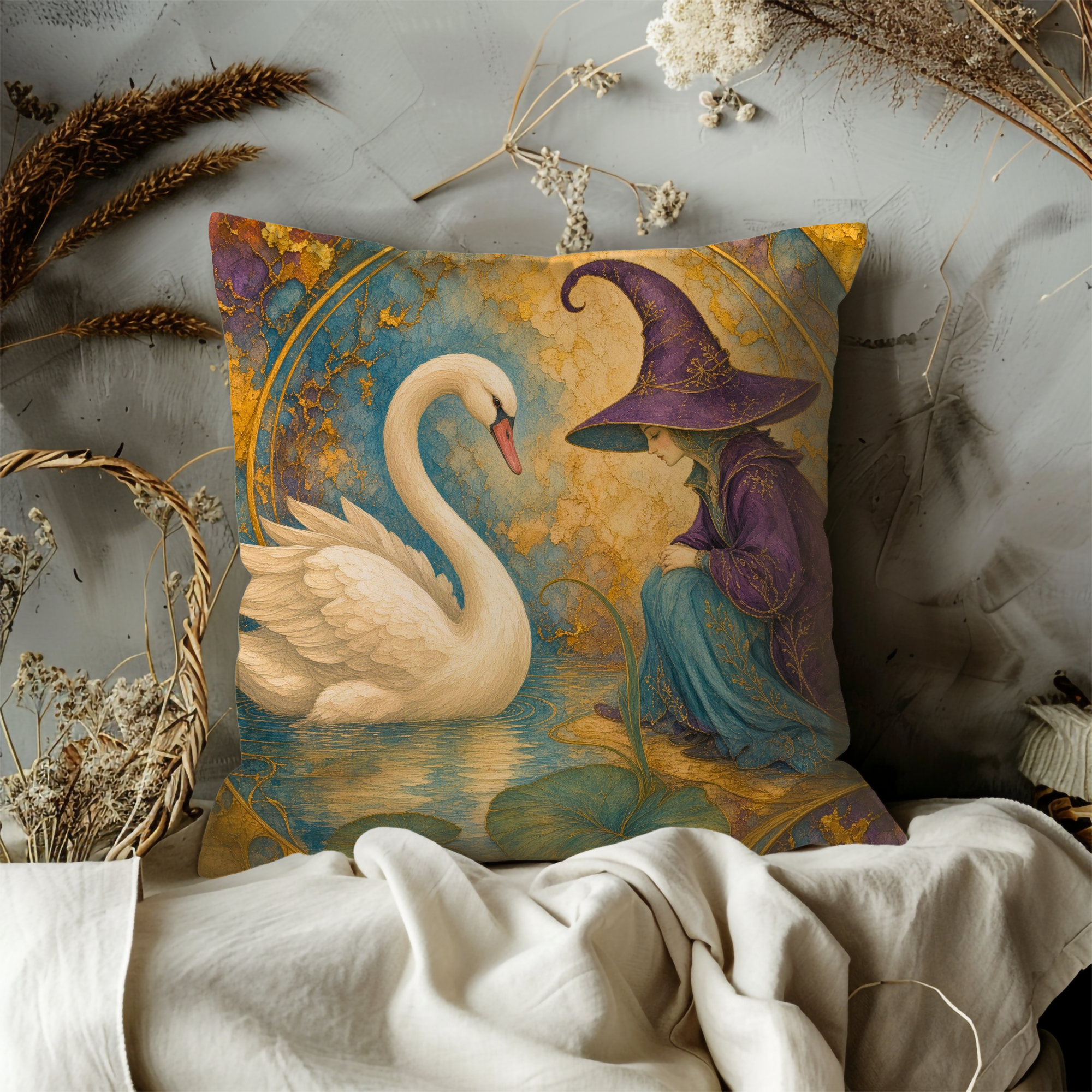 White Swan and Witch Purple Hat Pillow Cover | Mystical Fantasy Art | Elegant Water Scene Decor