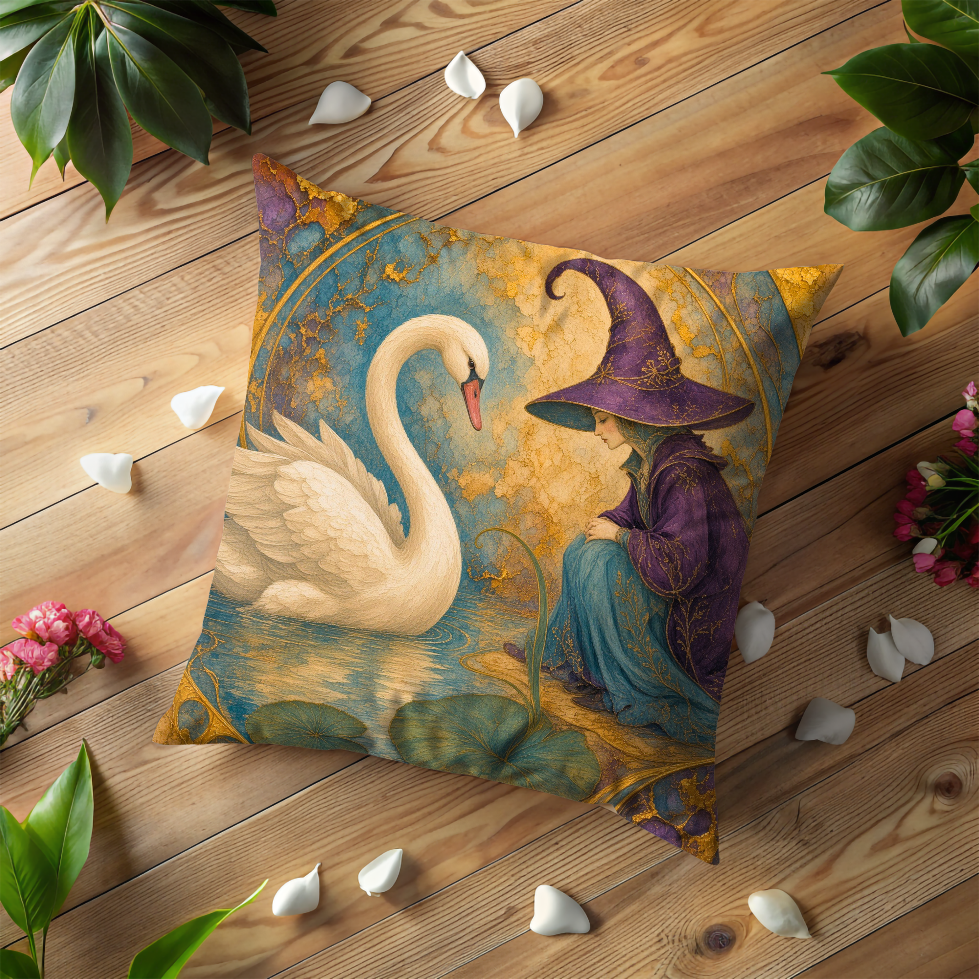 White Swan and Witch Purple Hat Pillow Cover | Mystical Fantasy Art | Elegant Water Scene Decor