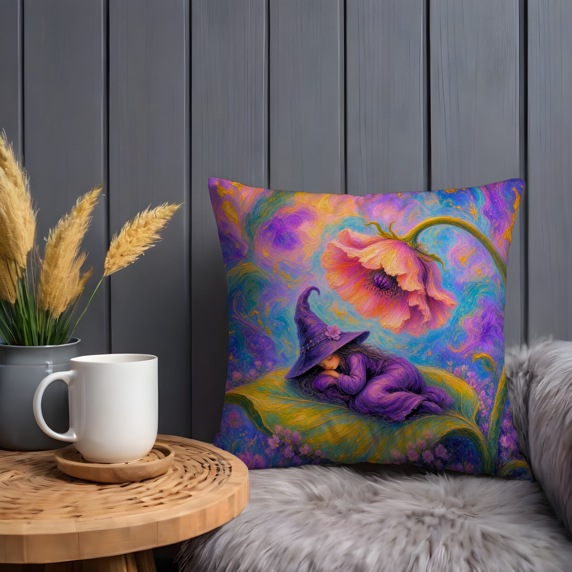 Sleeping Little Witch Poppy Leaf Pillow Cover | Whimsical Fantasy Art | Soft Dreamy Decor