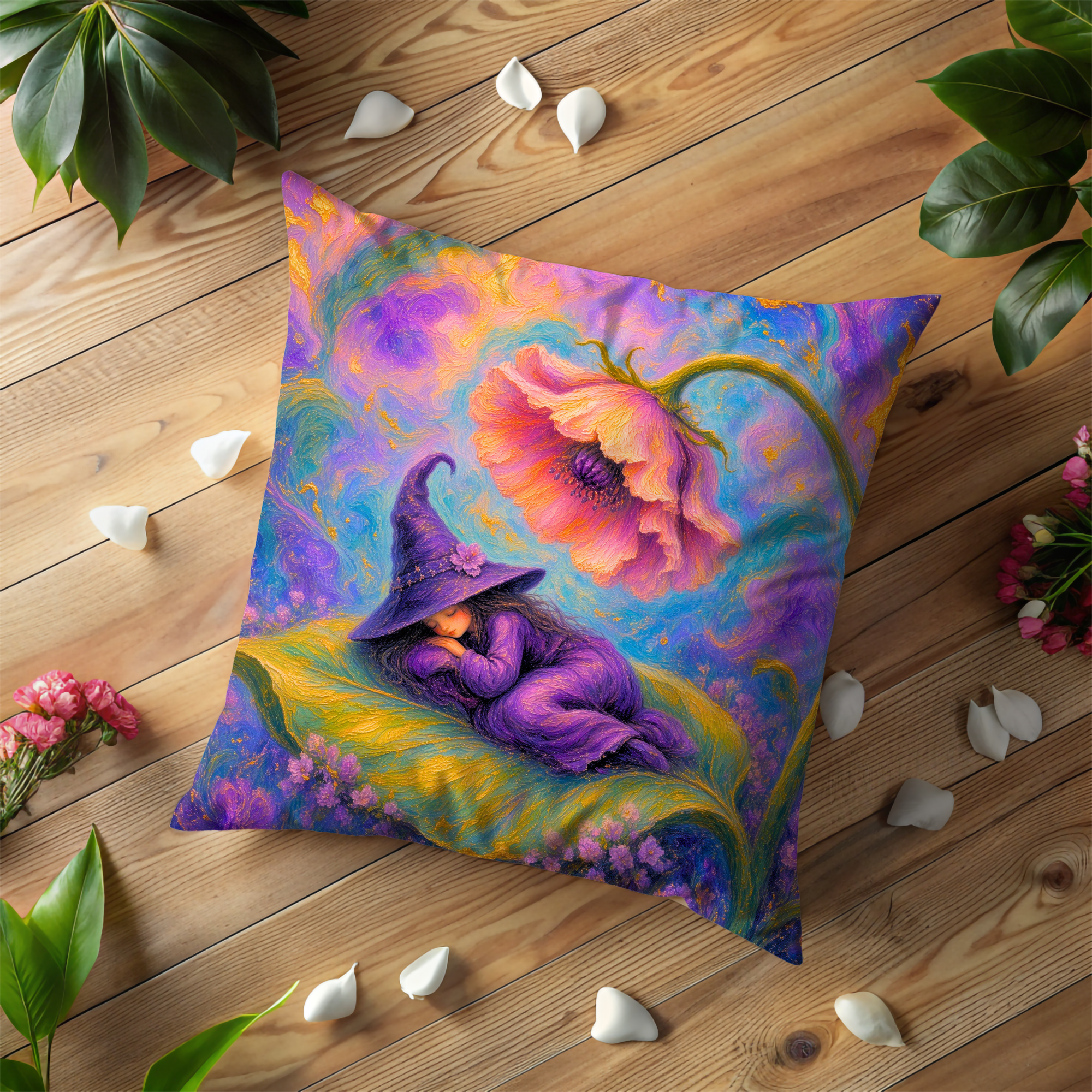 Sleeping Little Witch Poppy Leaf Pillow Cover | Whimsical Fantasy Art | Soft Dreamy Decor