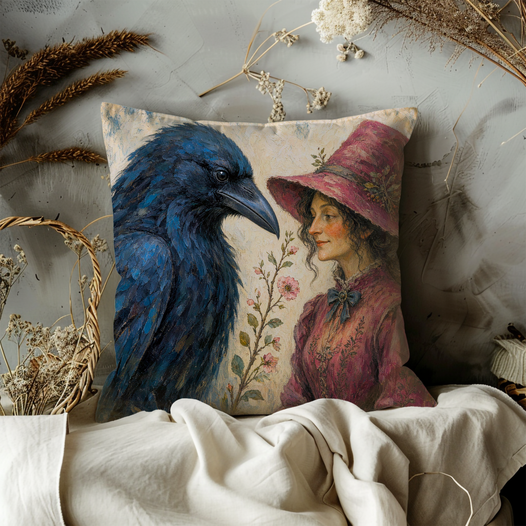 Blue Raven and Red Hat Woman Pillow Cover | Romantic Fantasy Art | Soft Portrait Decor