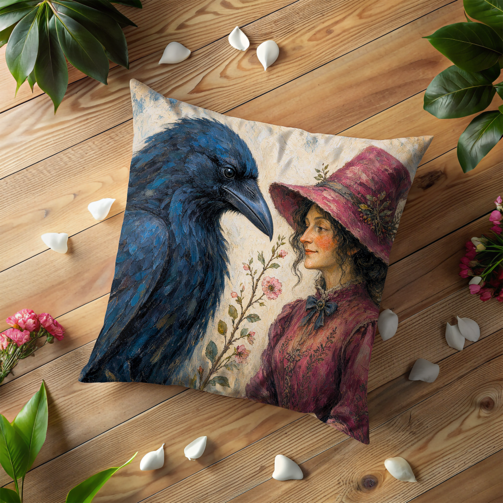 Blue Raven and Red Hat Woman Pillow Cover | Romantic Fantasy Art | Soft Portrait Decor