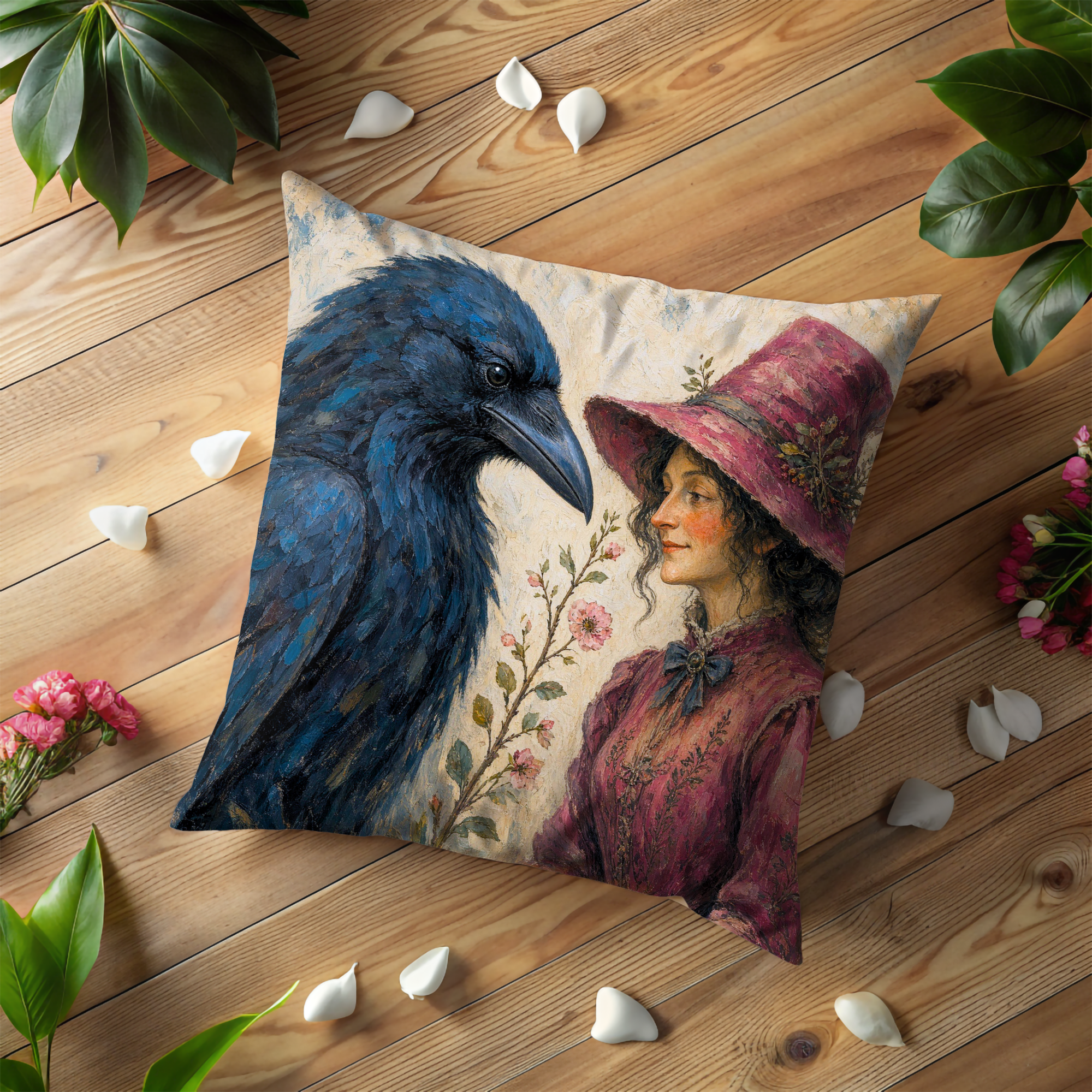 Blue Raven and Red Hat Woman Pillow Cover | Romantic Fantasy Art | Soft Portrait Decor