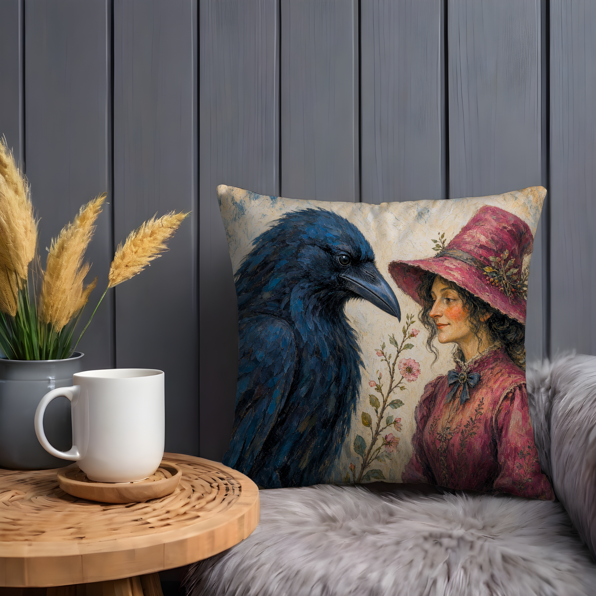 Blue Raven and Red Hat Woman Pillow Cover | Romantic Fantasy Art | Soft Portrait Decor