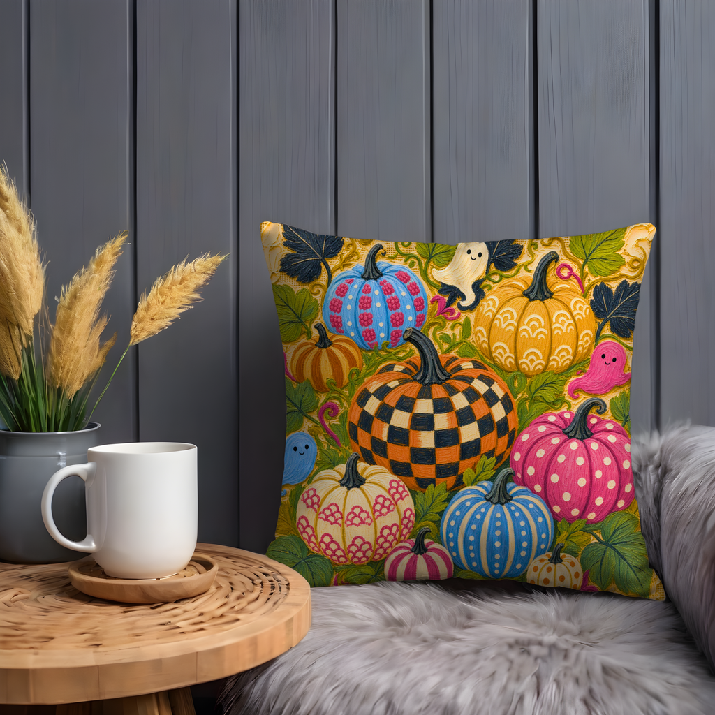 Colorful Patterned Pumpkins Ghosts Pillow Cover | Whimsical Halloween Art | Playful Fall Decor