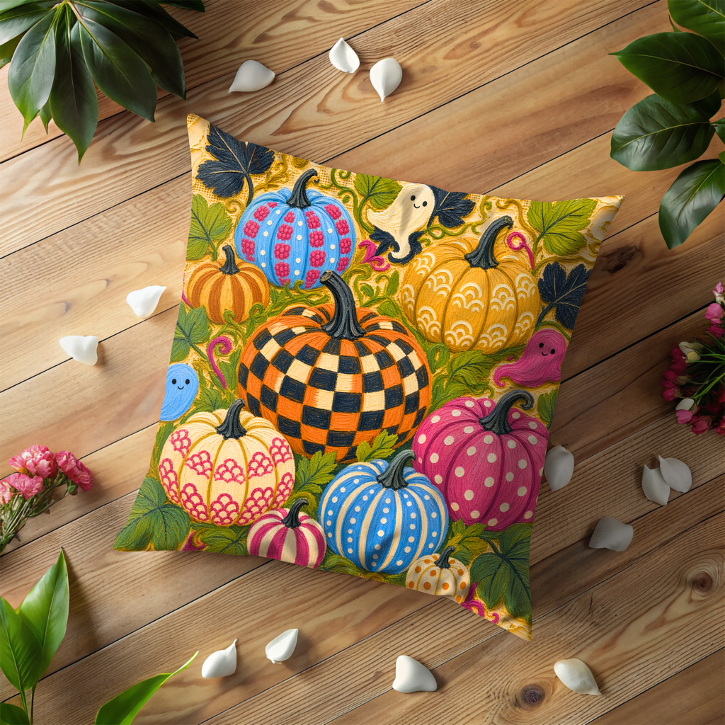 Colorful Patterned Pumpkins Ghosts Pillow Cover | Whimsical Halloween Art | Playful Fall Decor
