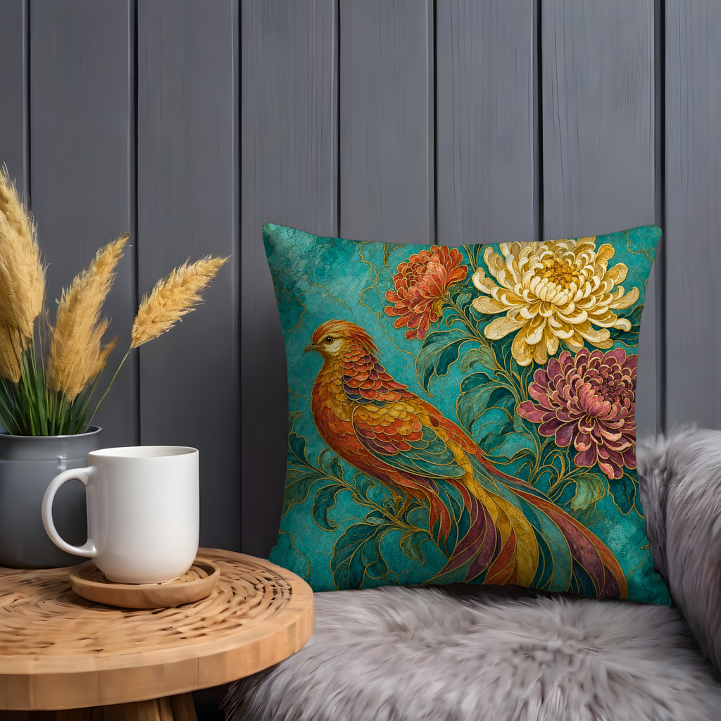 Golden Pheasant Chrysanthemum Pillow Cover | Classic Asian Art | Vibrant Floral Decor