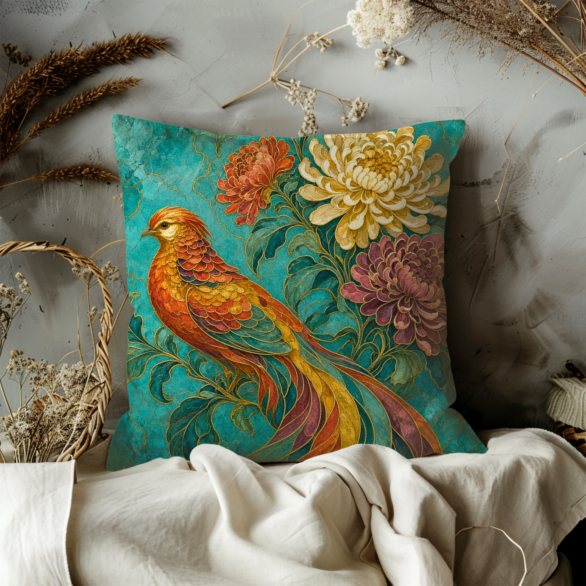 Golden Pheasant Chrysanthemum Pillow Cover | Classic Asian Art | Vibrant Floral Decor