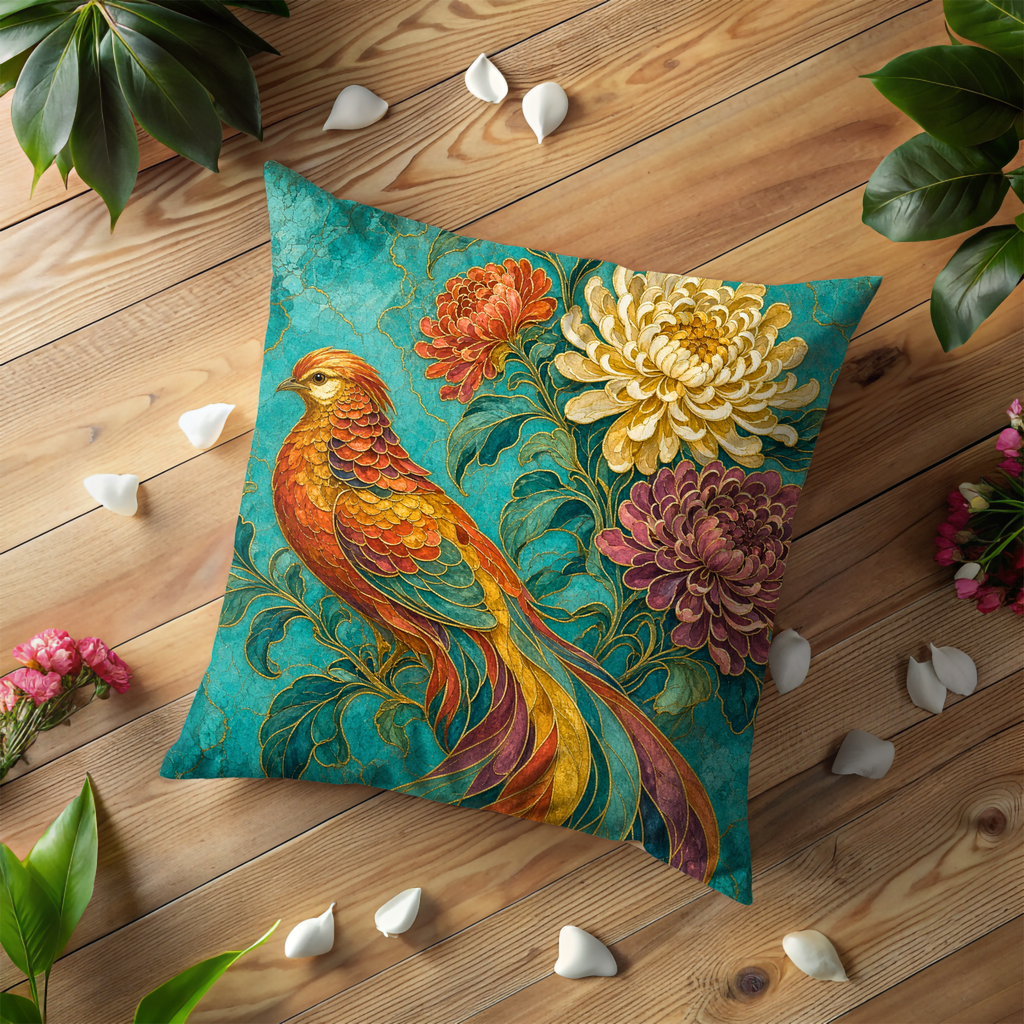 Golden Pheasant Chrysanthemum Pillow Cover | Classic Asian Art | Vibrant Floral Decor
