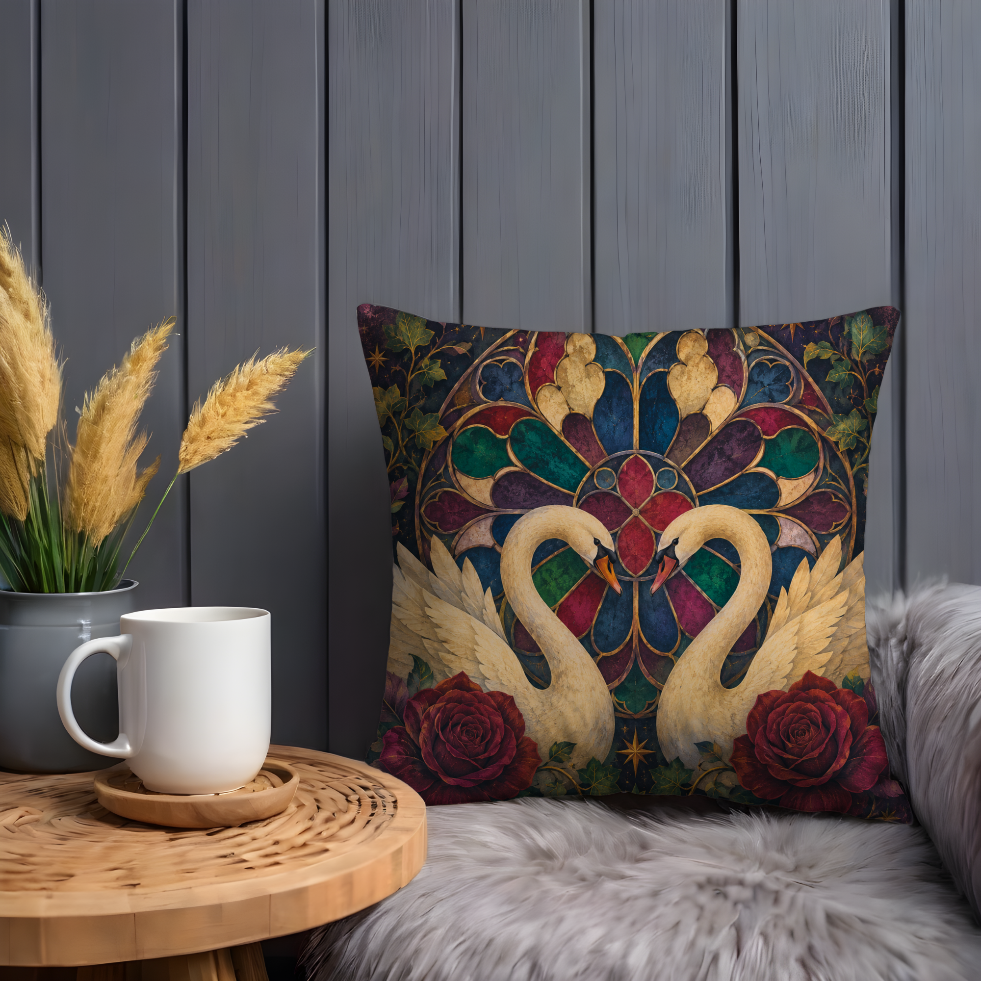 Twin Swans Heart Stained Glass Pillow Cover | Romantic Art Nouveau | Elegant Love Decor