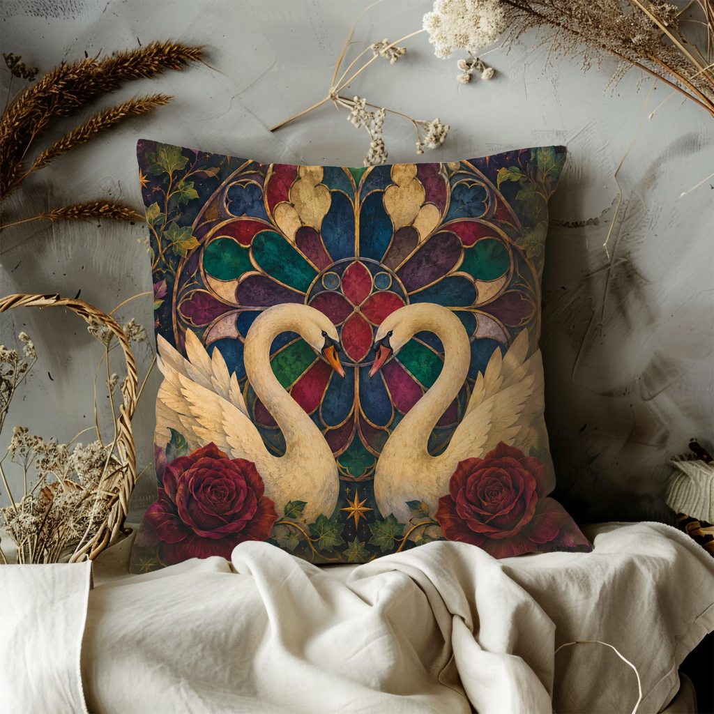 Twin Swans Heart Stained Glass Pillow Cover | Romantic Art Nouveau | Elegant Love Decor