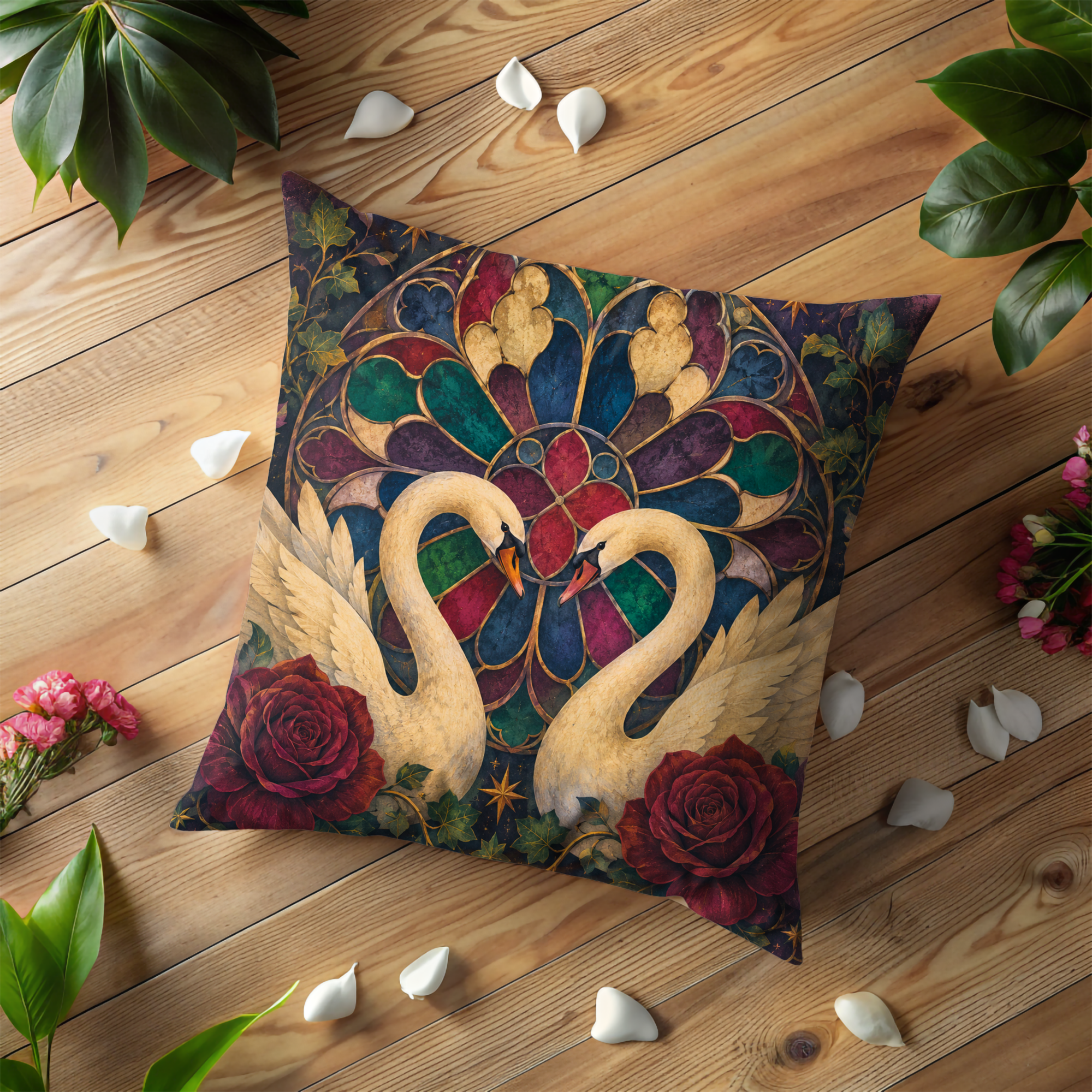 Twin Swans Heart Stained Glass Pillow Cover | Romantic Art Nouveau | Elegant Love Decor