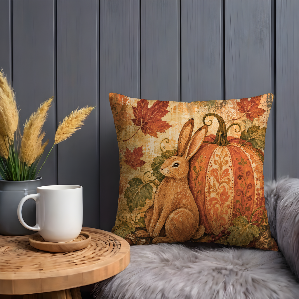 Autumn Rabbit Pumpkin Pillow Cover | Textured Botanical Art