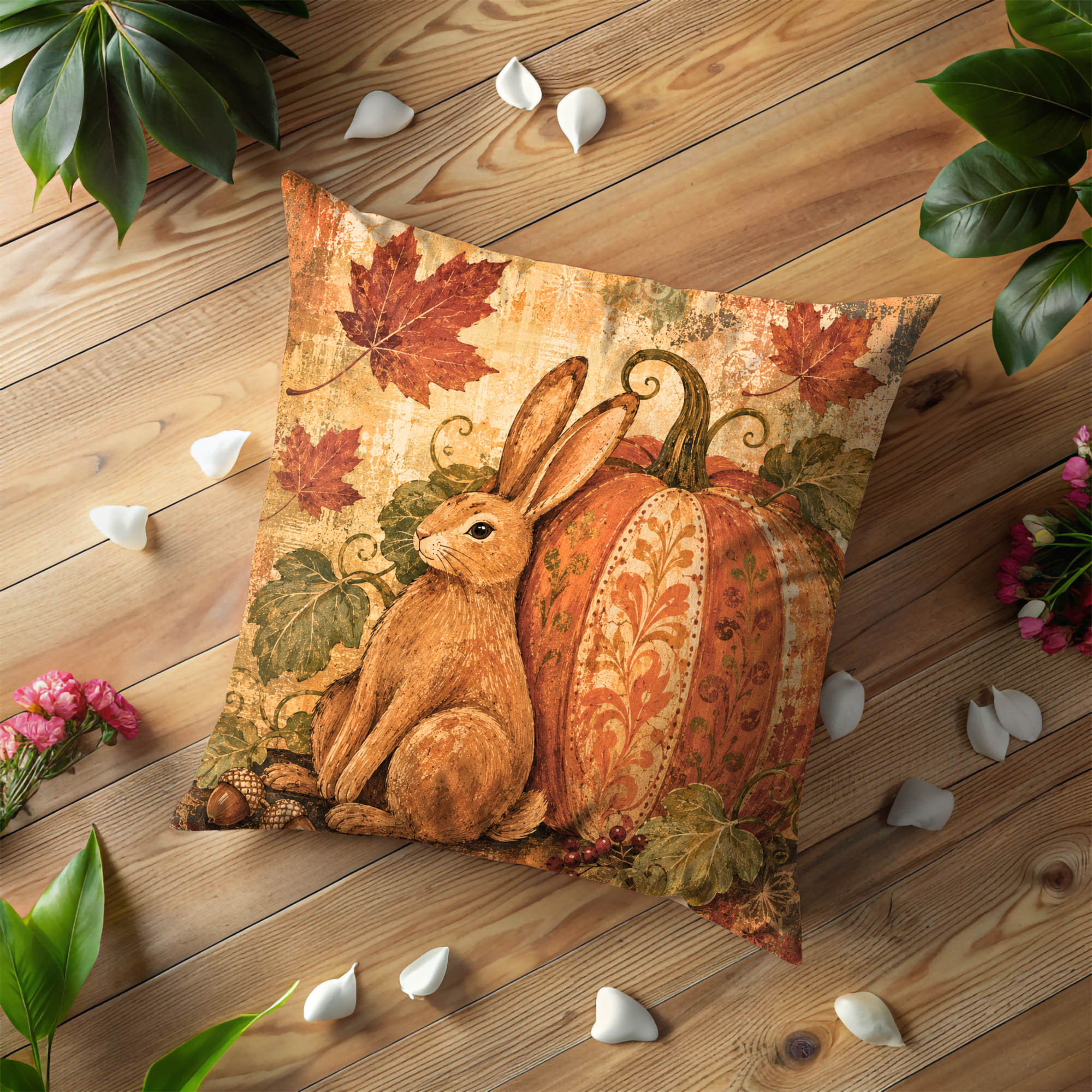 Autumn Rabbit Pumpkin Pillow Cover | Textured Botanical Art