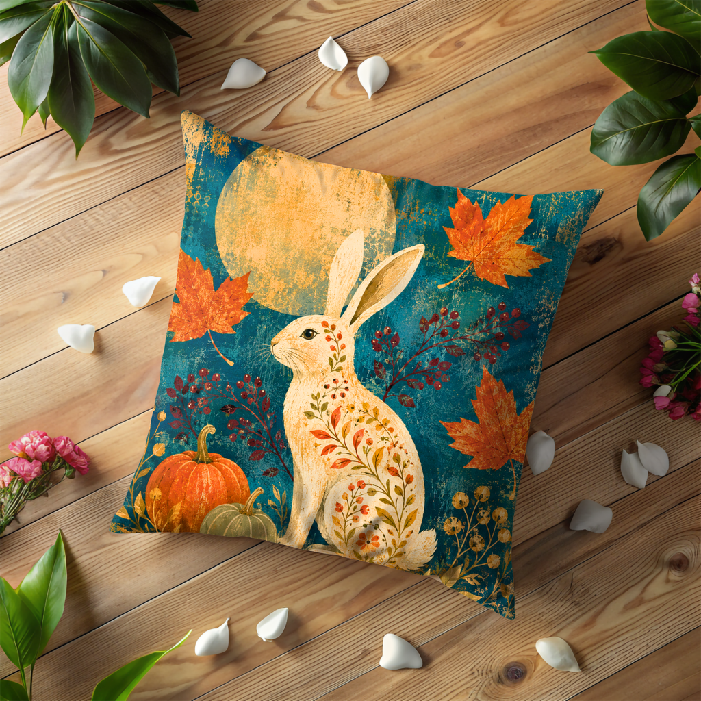 Autumn Rabbit Moon Pillow Cover | Textured Botanical Art