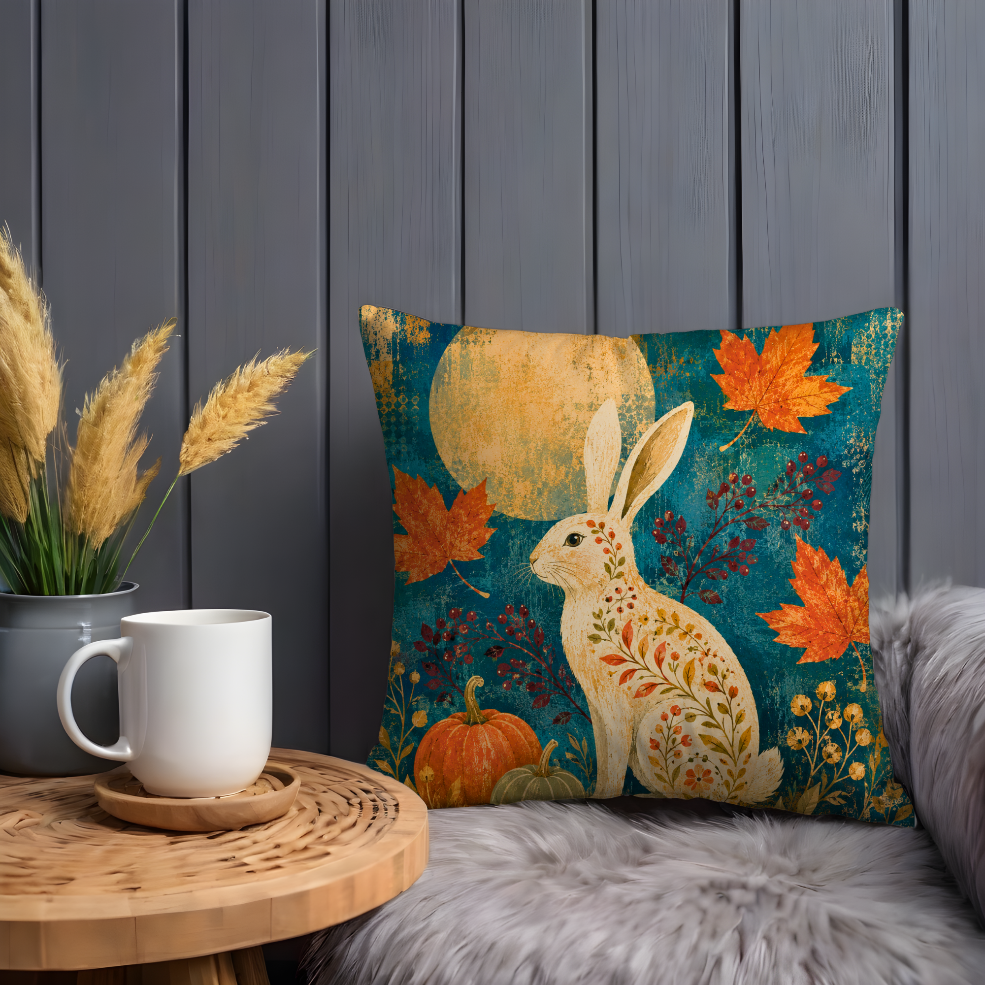 Autumn Rabbit Moon Pillow Cover | Textured Botanical Art