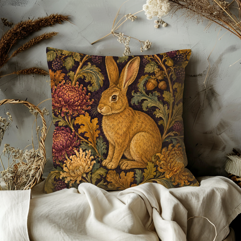 Blackberry Rabbit Pillow Cover | Textured Woodland Botanical Art