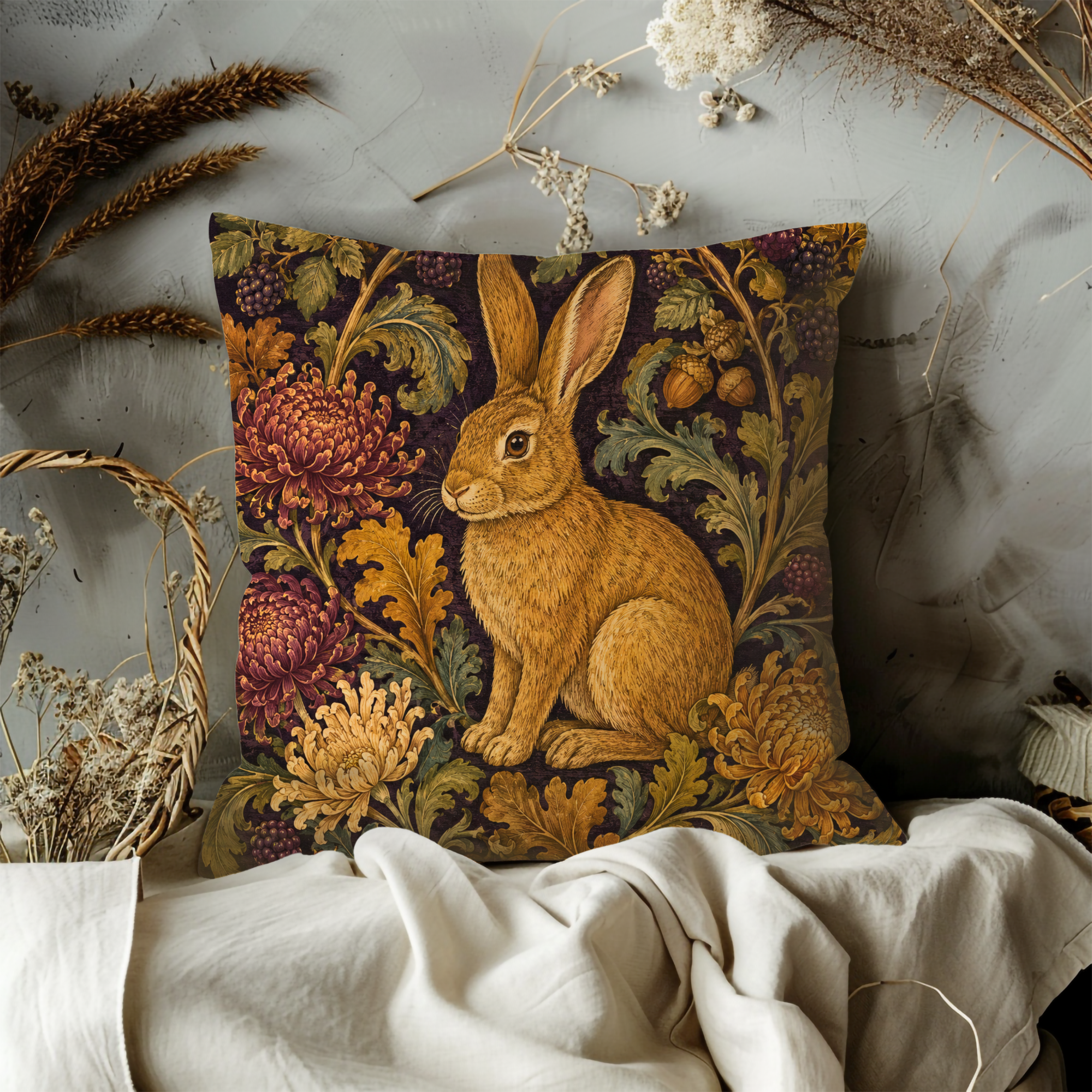 Blackberry Rabbit Pillow Cover | Textured Woodland Botanical Art