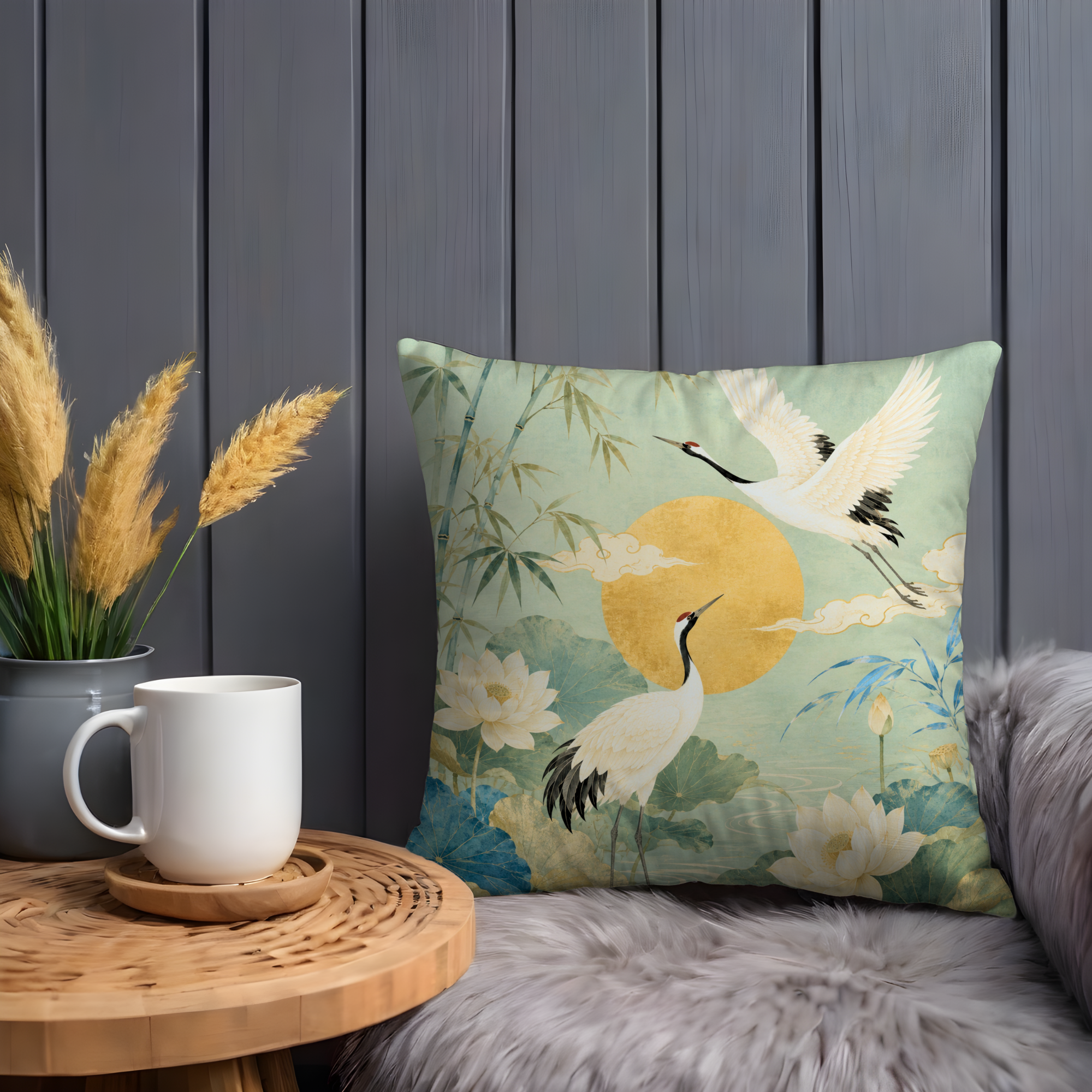 Cranes and Lotus Pillow Cover | Textured Sunlit Botanical Art