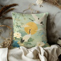Cranes and Lotus Pillow Cover | Textured Sunlit Botanical Art