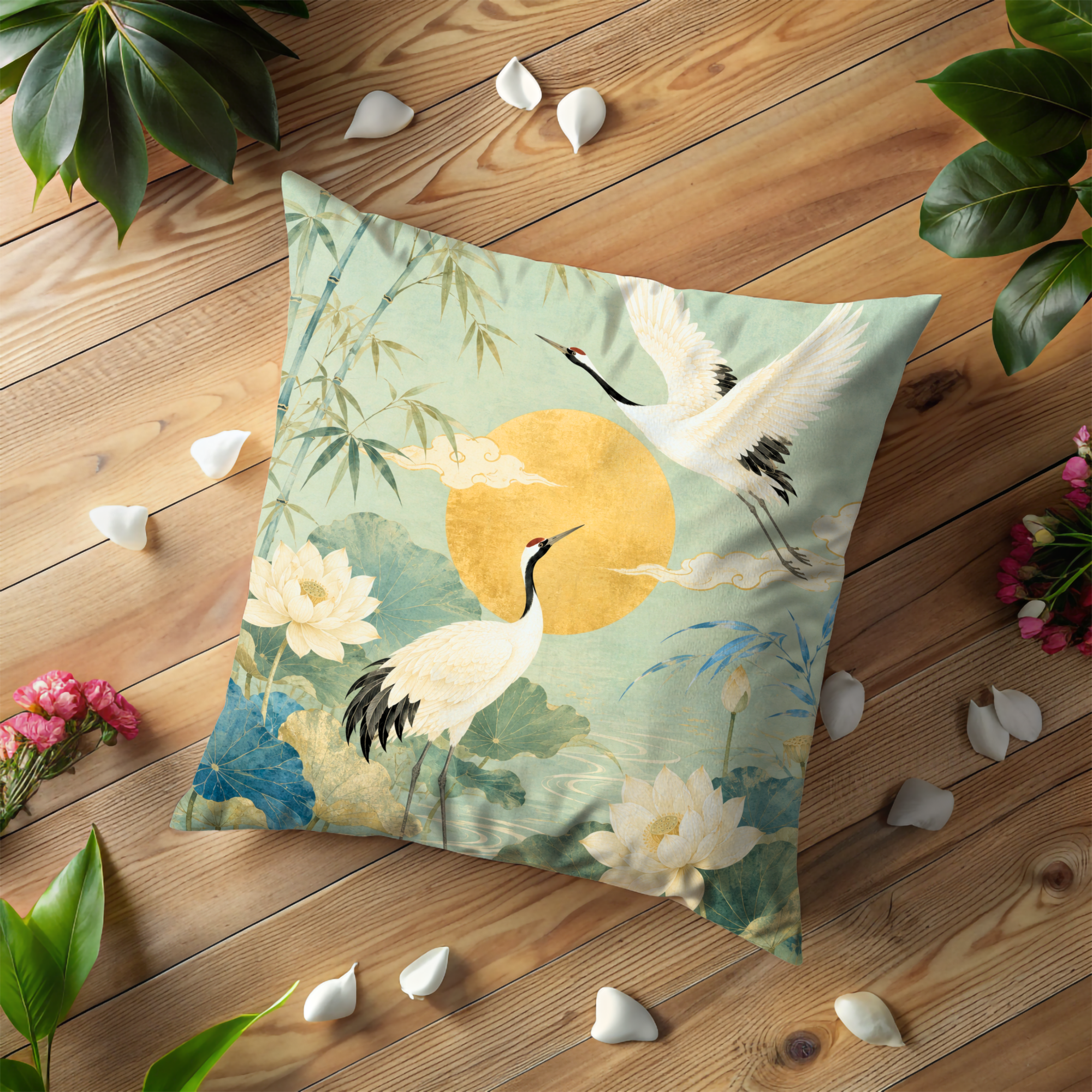 Cranes and Lotus Pillow Cover | Textured Sunlit Botanical Art