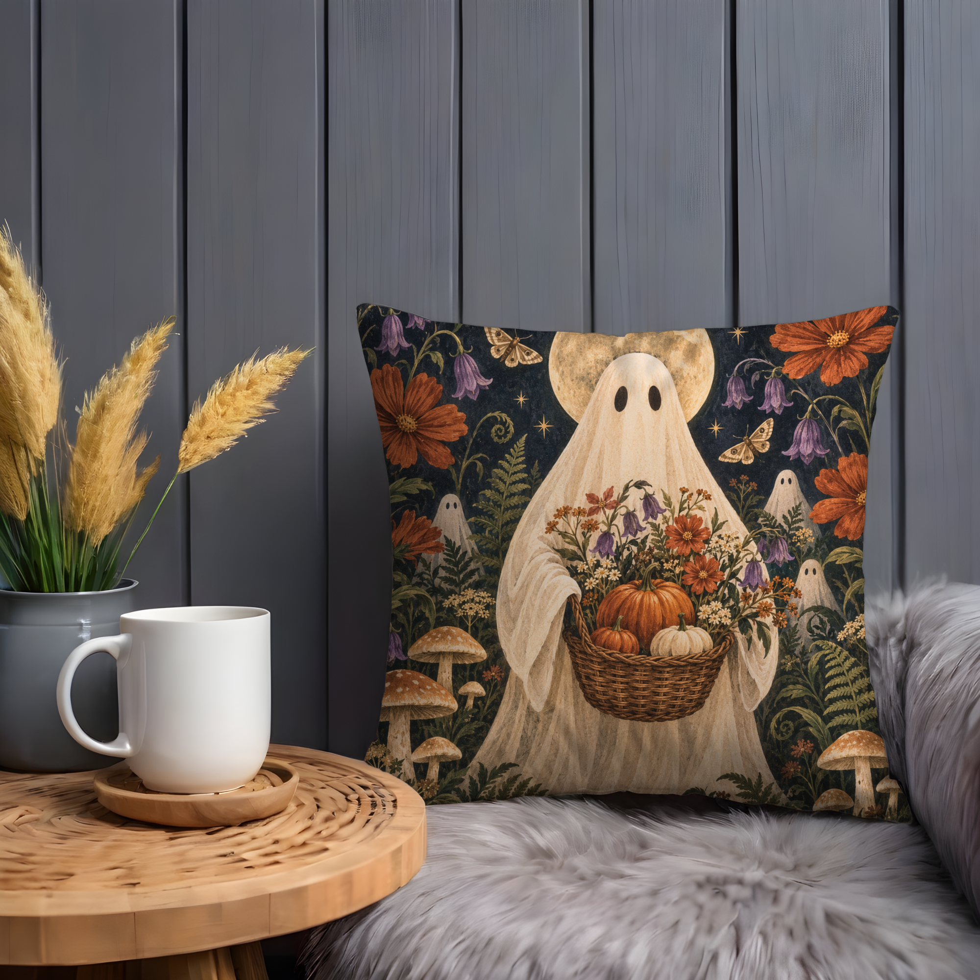 Autumn Ghost Basket Pillow Cover | Textured Halloween Botanical Art