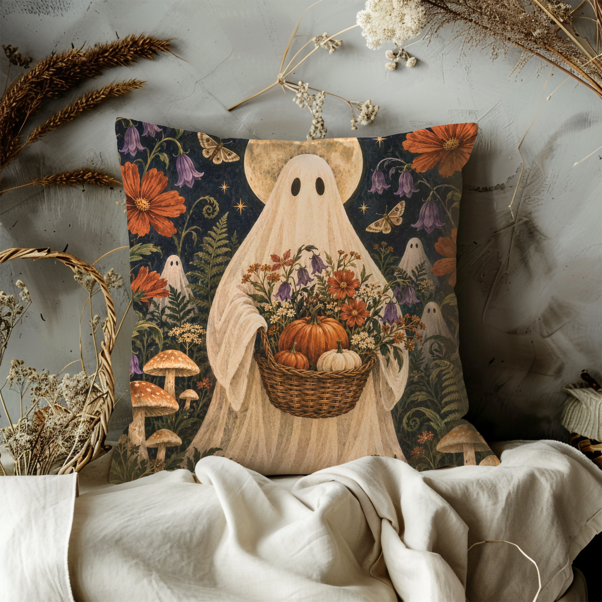 Autumn Ghost Basket Pillow Cover | Textured Halloween Botanical Art