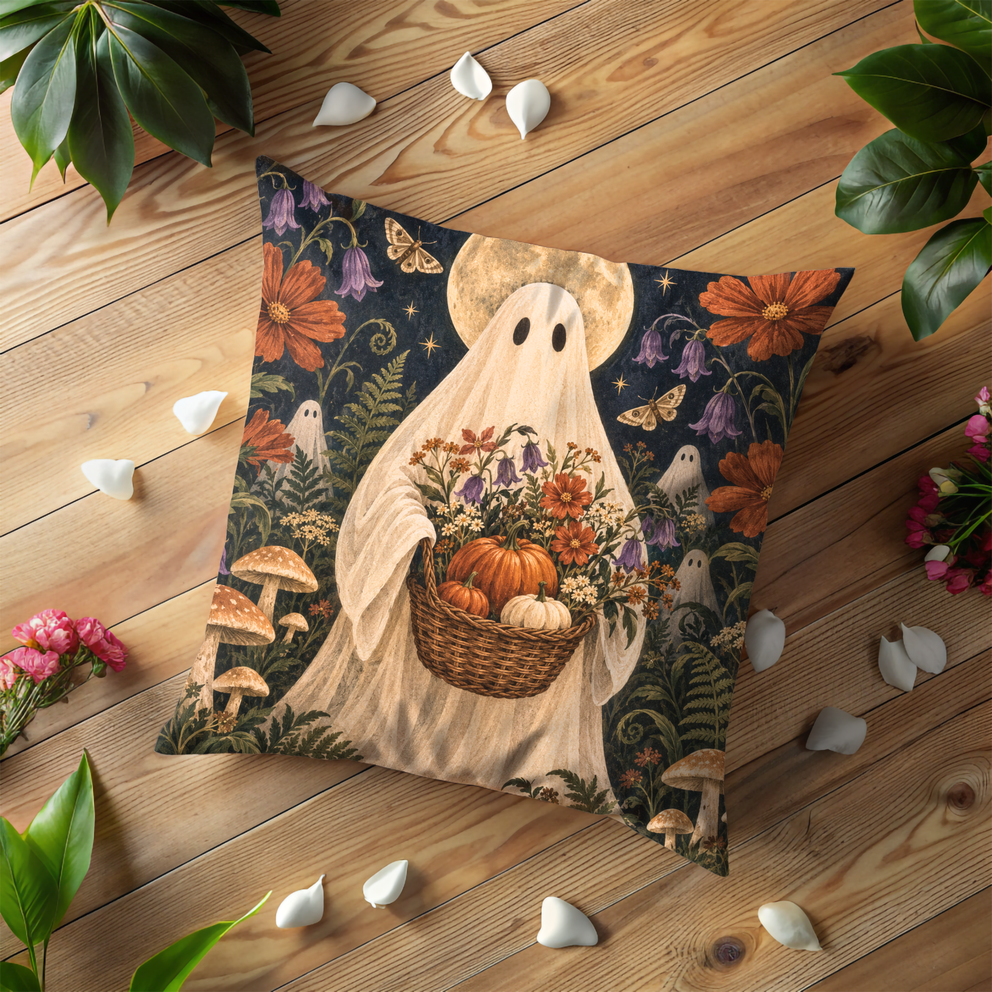 Autumn Ghost Basket Pillow Cover | Textured Halloween Botanical Art