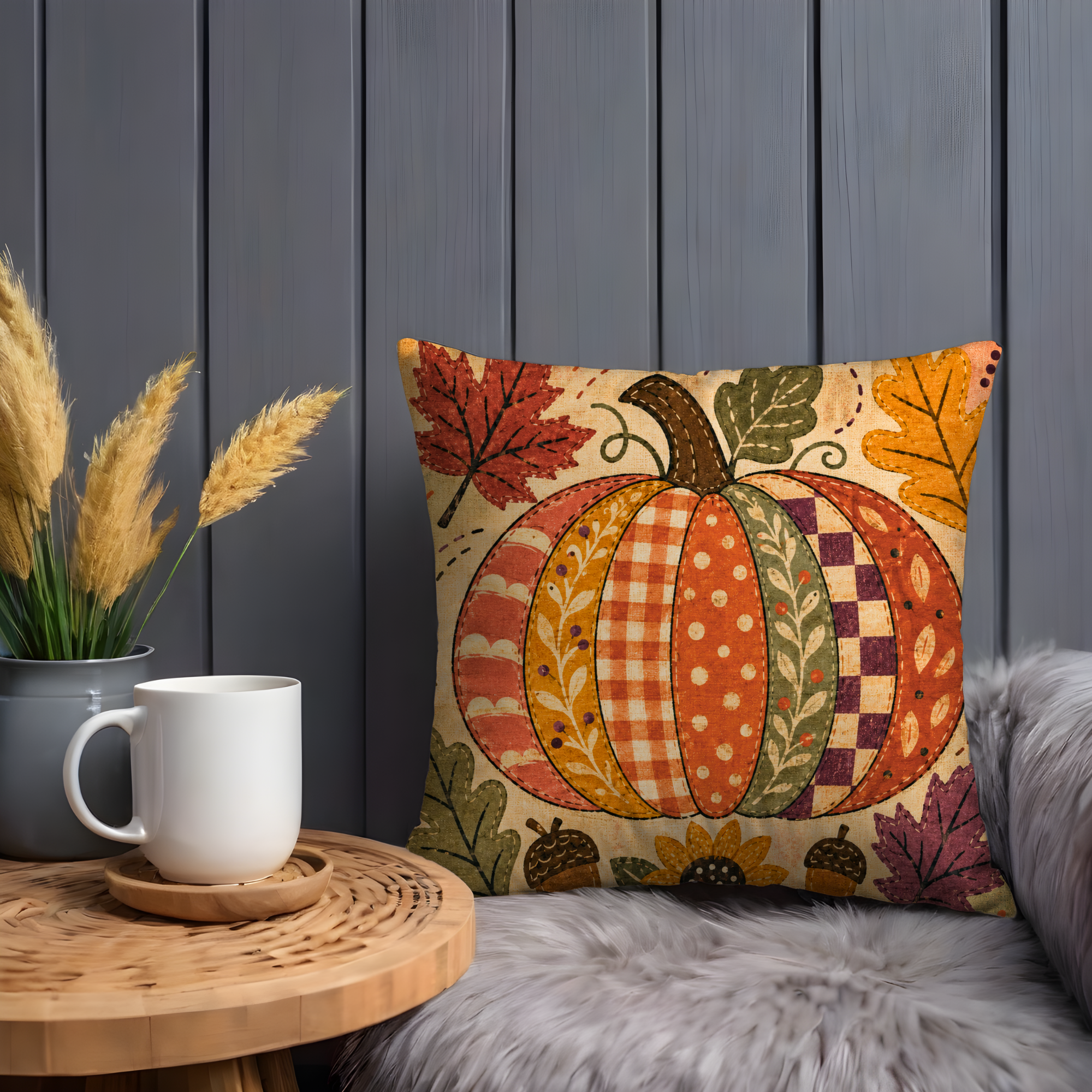 Patchwork Pumpkin Pillow Cover | Textured Autumn Botanical Art