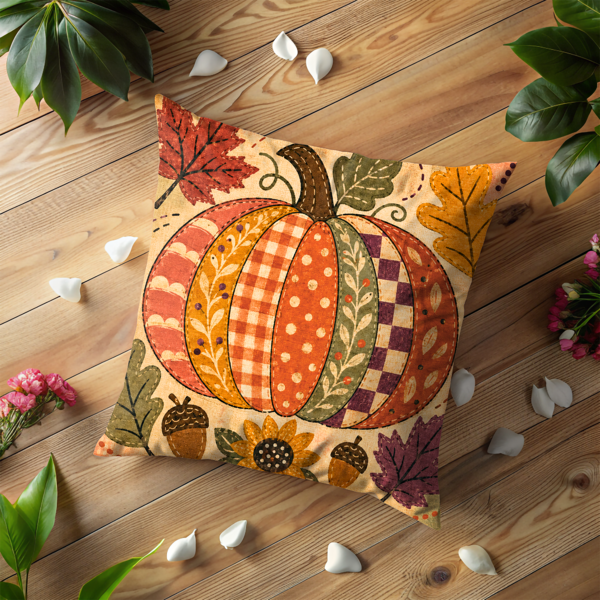 Patchwork Pumpkin Pillow Cover | Textured Autumn Botanical Art