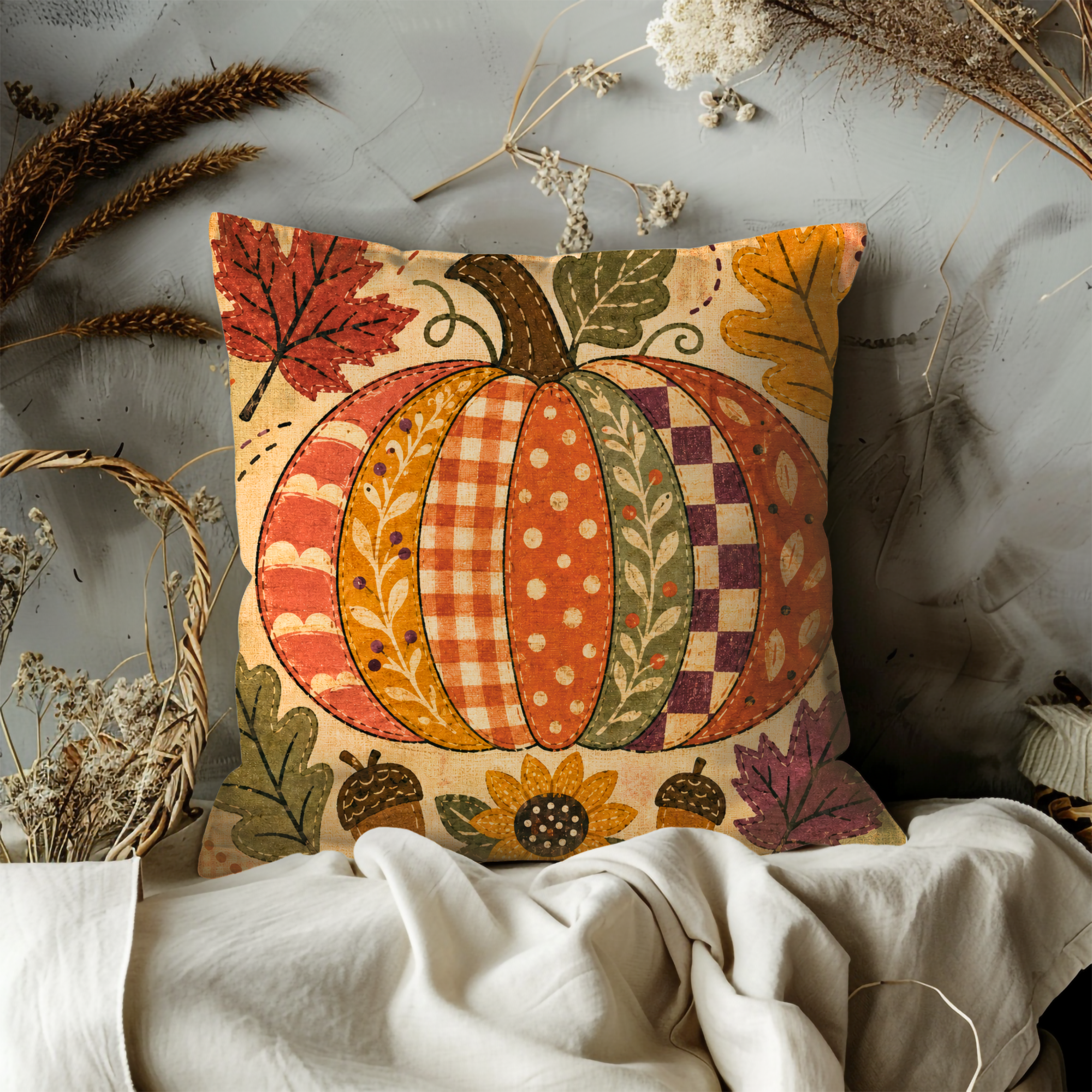 Patchwork Pumpkin Pillow Cover | Textured Autumn Botanical Art