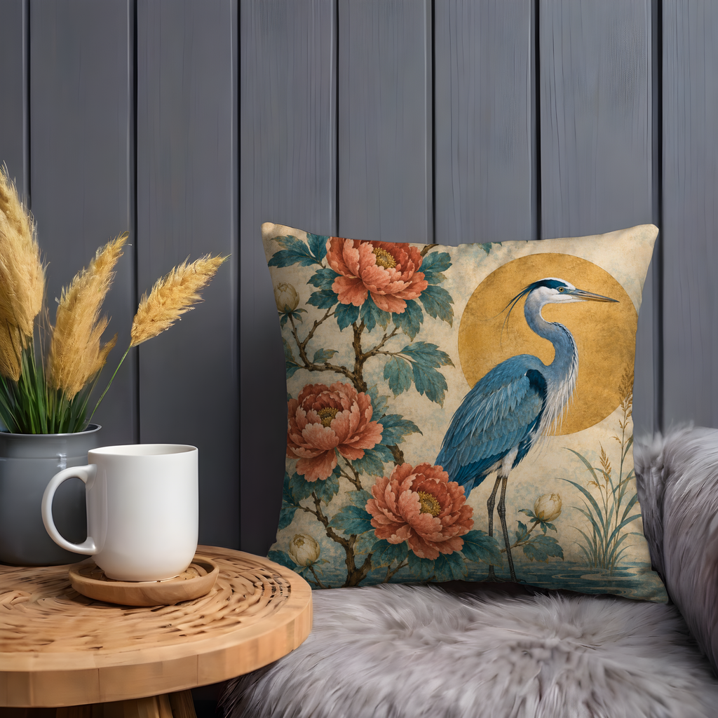 Blue Heron Peony Pillow Cover | Elegant Botanical Art | Serene Nature Decor