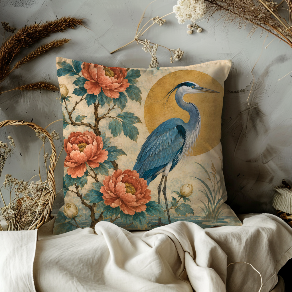 Blue Heron Peony Pillow Cover | Elegant Botanical Art | Serene Nature Decor