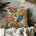 Blue Heron Peony Pillow Cover | Elegant Botanical Art | Serene Nature Decor