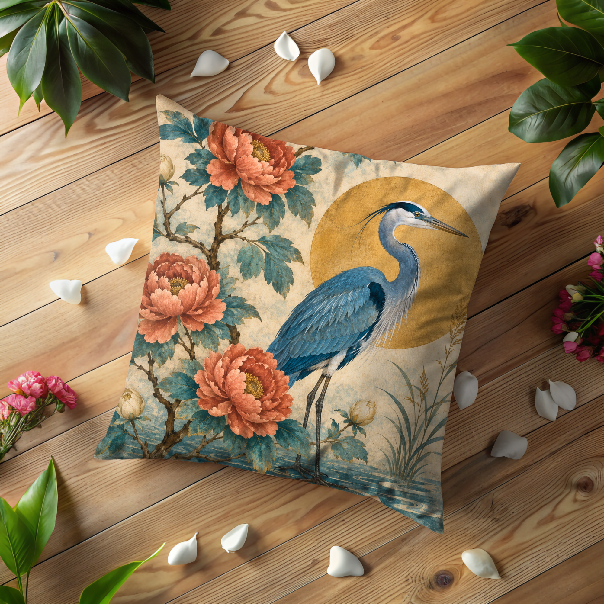 Blue Heron Peony Pillow Cover | Elegant Botanical Art | Serene Nature Decor