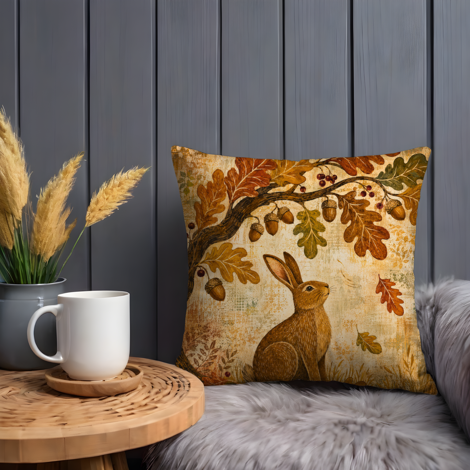 Rabbit Oak Acorn Pillow Cover | Autumn Woodland Art | Cozy Fall Decor